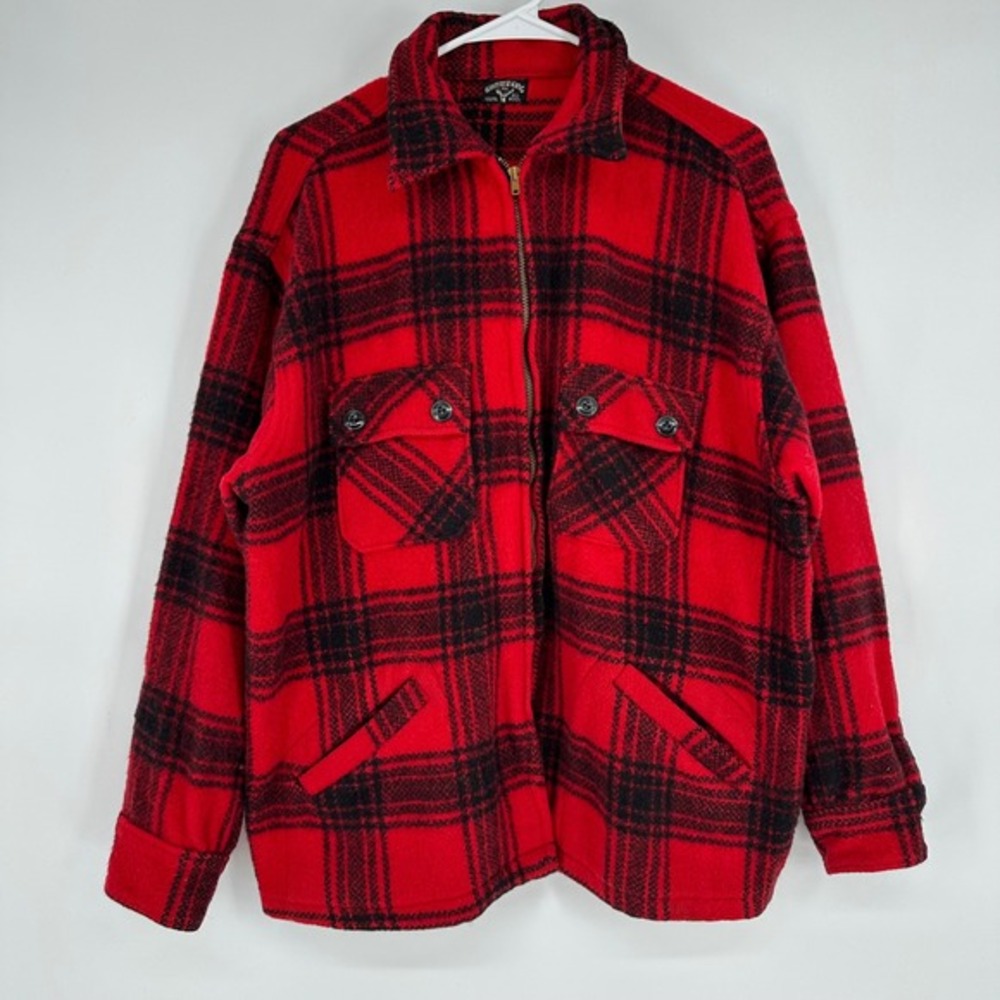 Vintage 50s Winter King 100% Wool Zip Plaid Jacket Red Black Buffalo Check Men L